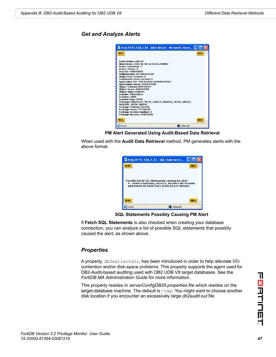 Get and analyze alerts, Properties | Fortinet FortiDB User Manual | Page 49 / 52