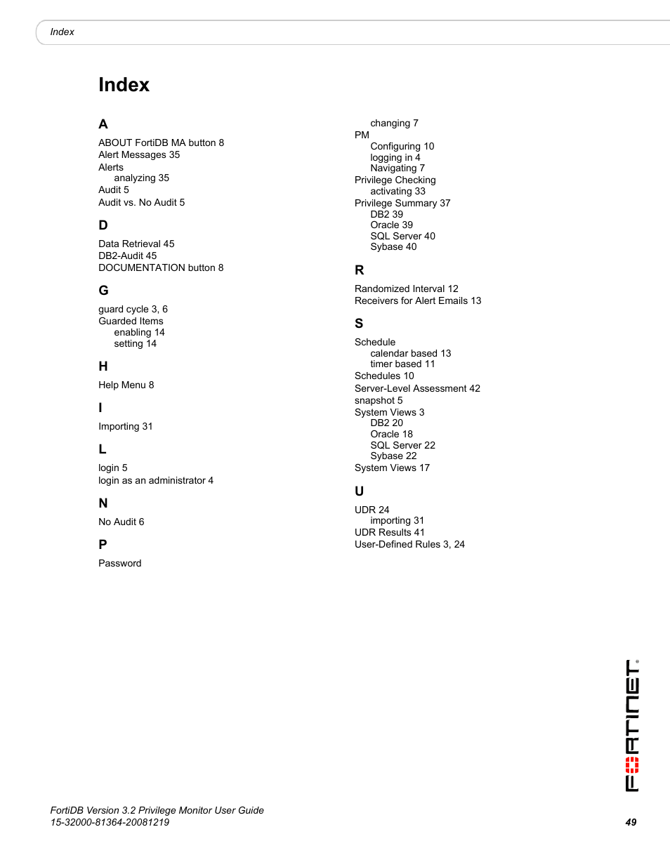 Index | Fortinet FortiDB User Manual | Page 51 / 52