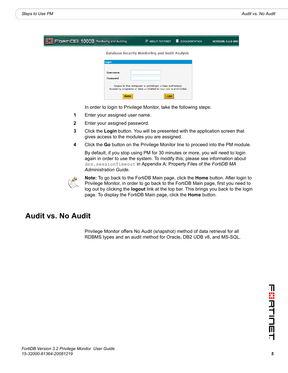 Audit vs. no audit | Fortinet FortiDB User Manual | Page 7 / 52