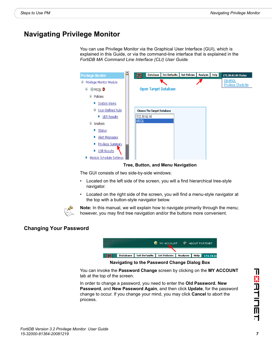 Navigating privilege monitor, Changing your password | Fortinet FortiDB User Manual | Page 9 / 52