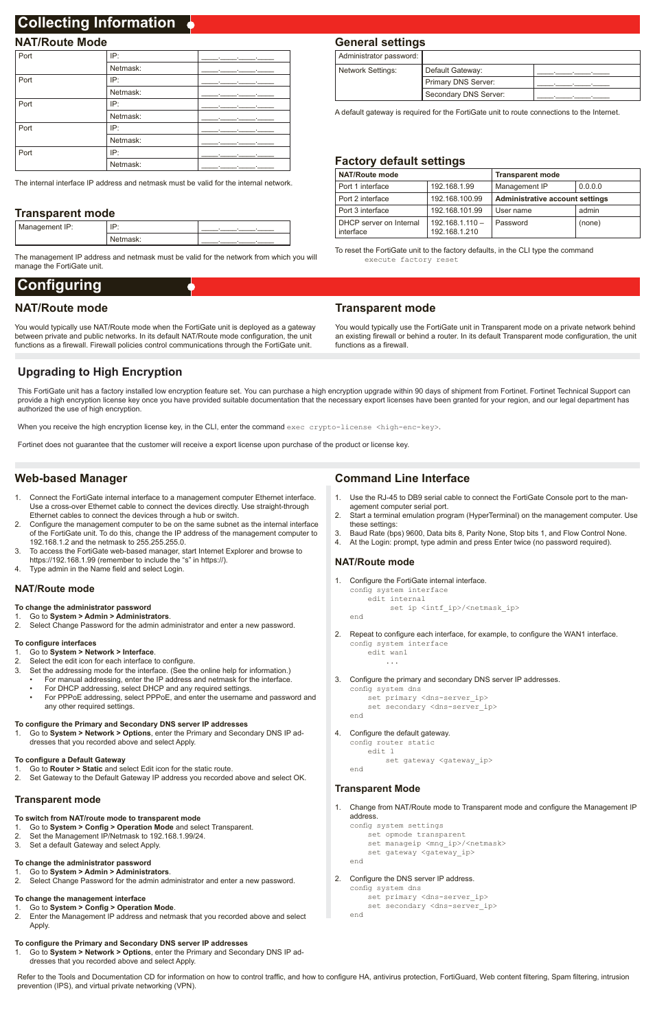 Collecting information configuring, Nat/route mode, Transparent mode | General settings, Factory default settings, Web-based manager, Command line interface, Upgrading to high encryption | Fortinet FortiGate 50B-LENC User Manual | Page 2 / 2