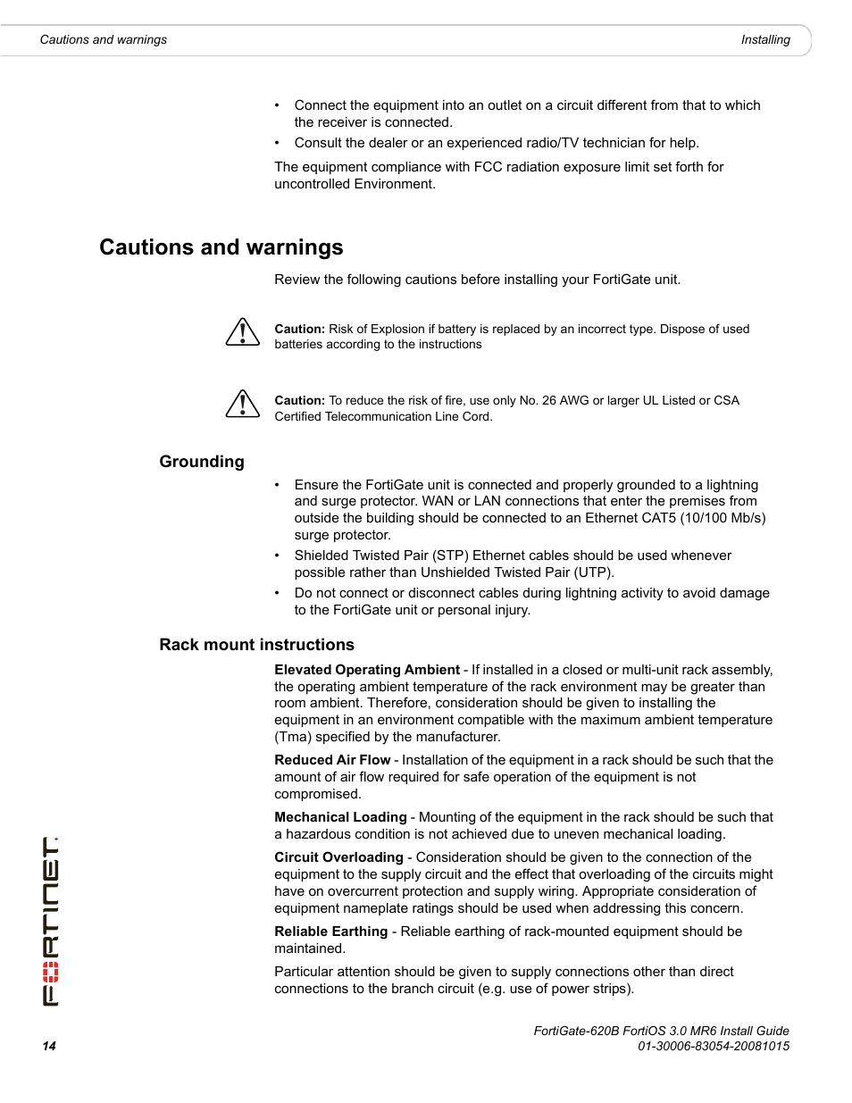 Cautions and warnings, Grounding, Rack mount instructions | Grounding rack mount instructions | Fortinet FortiGate 620B User Manual | Page 14 / 62