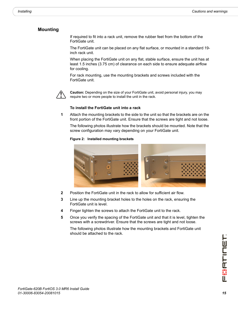 Mounting | Fortinet FortiGate 620B User Manual | Page 15 / 62