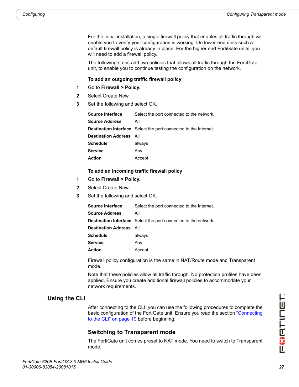 Using the cli, Switching to transparent mode | Fortinet FortiGate 620B User Manual | Page 27 / 62