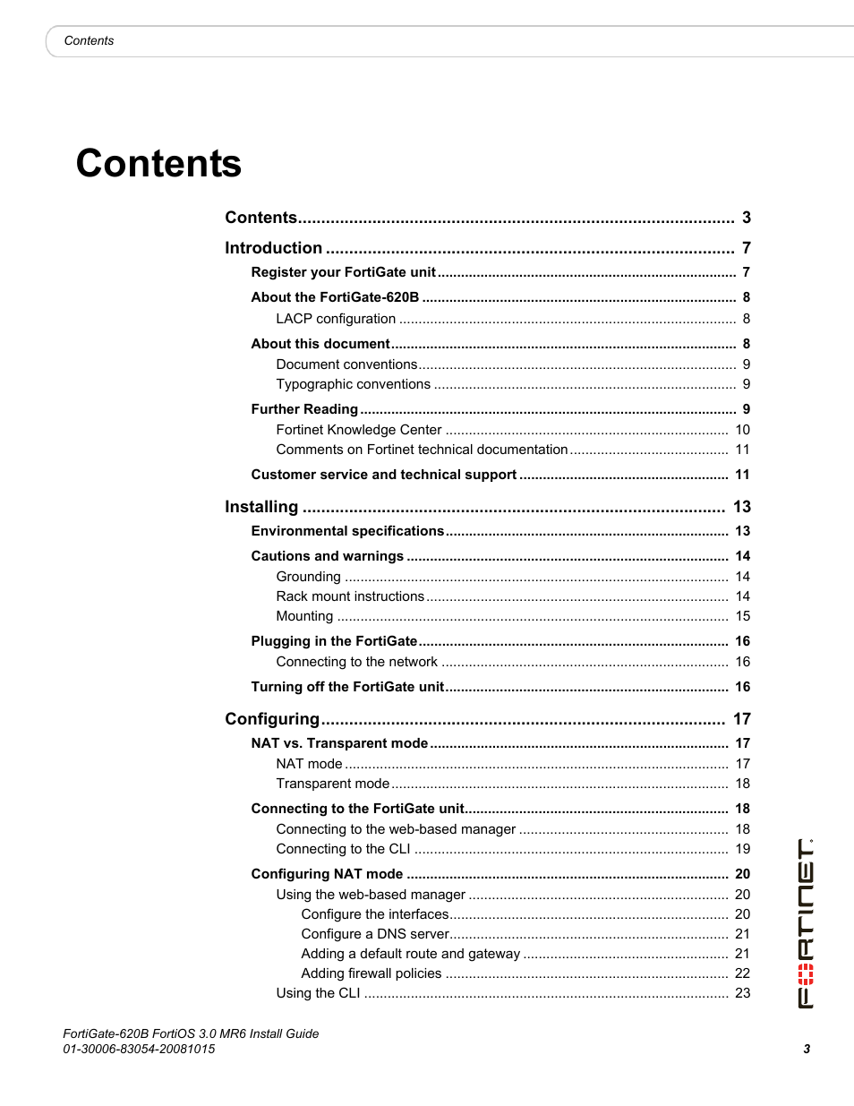 Fortinet FortiGate 620B User Manual | Page 3 / 62