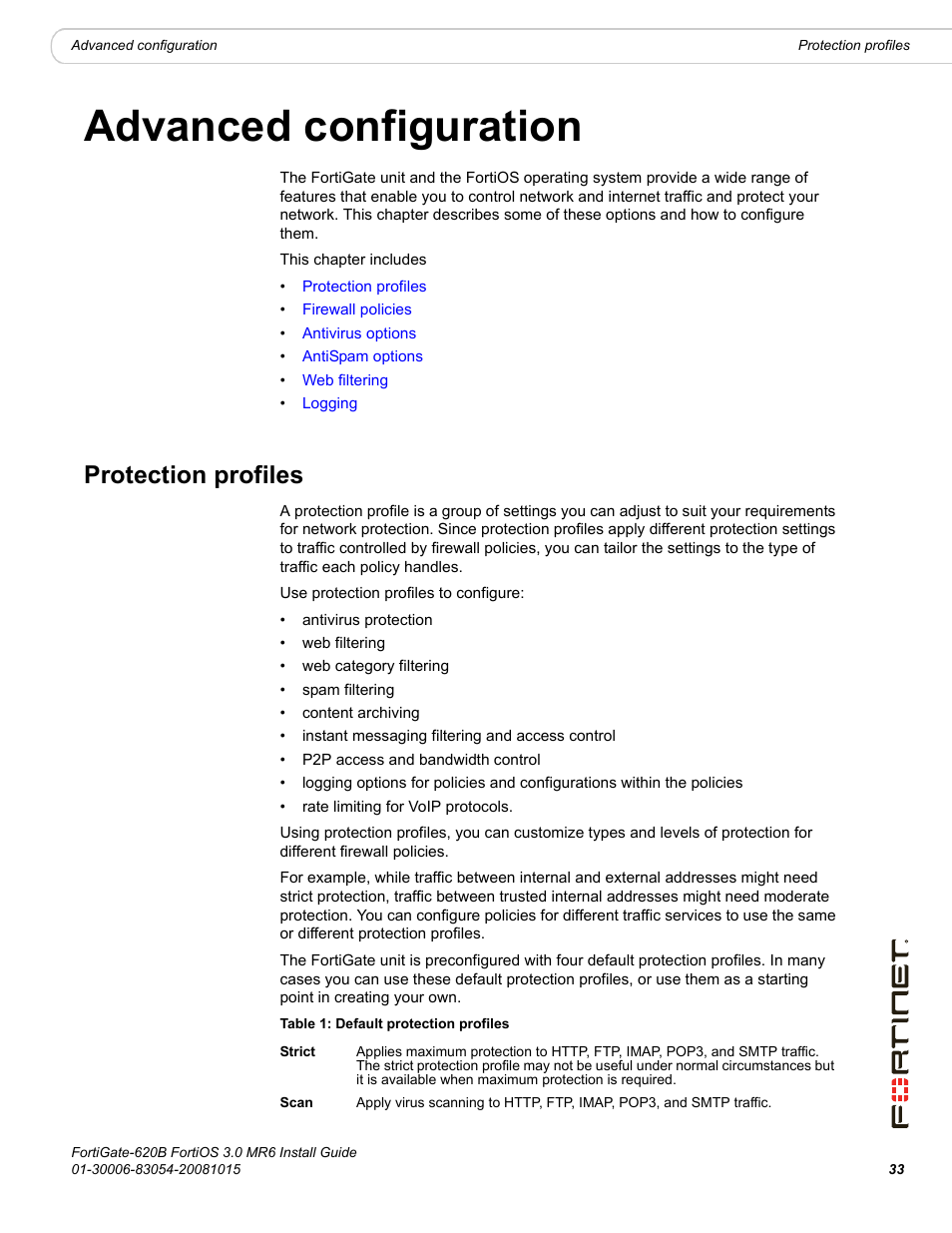 Advanced configuration, Protection profiles | Fortinet FortiGate 620B User Manual | Page 33 / 62