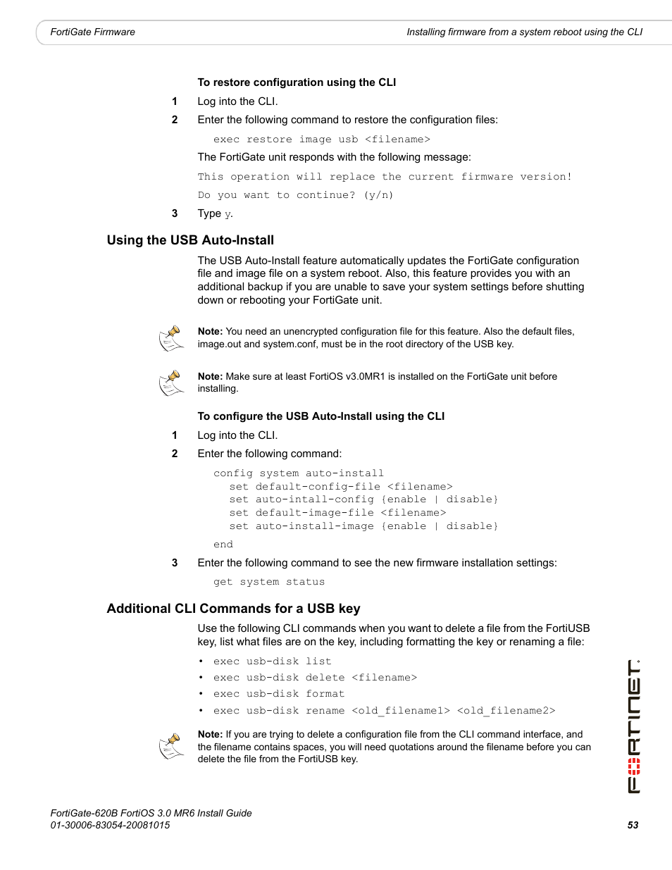 Using the usb auto-install, Additional cli commands for a usb key | Fortinet FortiGate 620B User Manual | Page 53 / 62