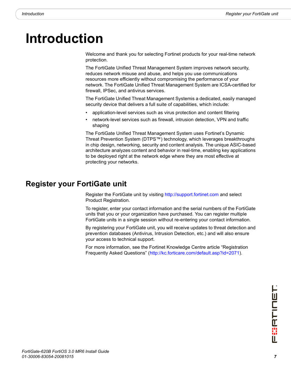 Introduction, Register your fortigate unit | Fortinet FortiGate 620B User Manual | Page 7 / 62