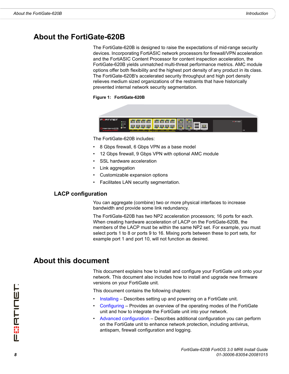 About the fortigate-620b, Lacp configuration, About this document | Fortinet FortiGate 620B User Manual | Page 8 / 62