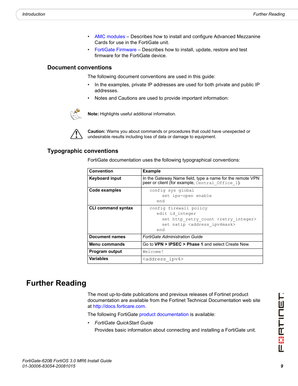 Document conventions, Typographic conventions, Further reading | Document conventions typographic conventions | Fortinet FortiGate 620B User Manual | Page 9 / 62