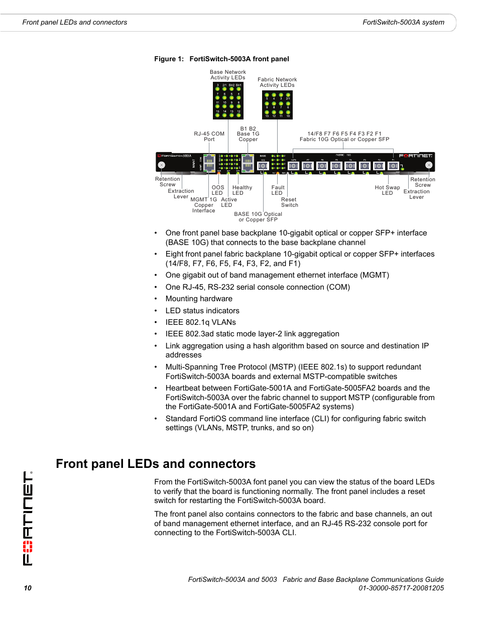 Front panel leds and connectors | Fortinet 5003 User Manual | Page 10 / 128