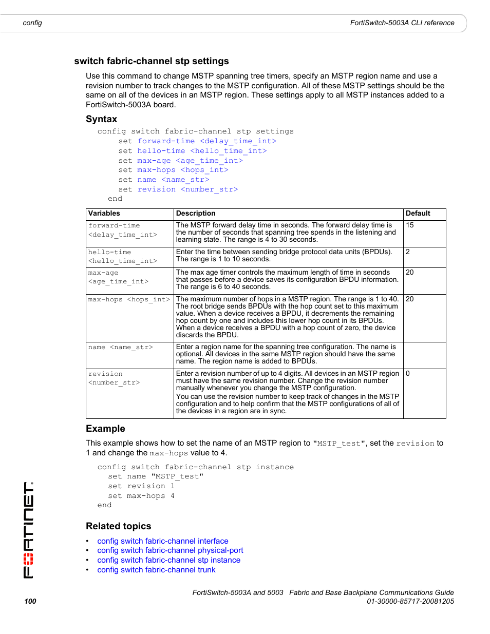 Switch fabric-channel stp settings, Syntax, Example | Related topics, Config switch fabric-channel stp settings | Fortinet 5003 User Manual | Page 100 / 128