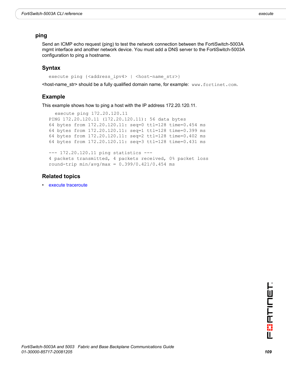 Ping, Syntax, Example | Related topics | Fortinet 5003 User Manual | Page 109 / 128