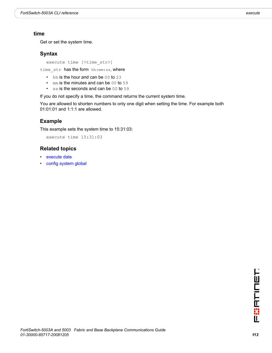 Time, Syntax, Example | Related topics, Execute time | Fortinet 5003 User Manual | Page 113 / 128