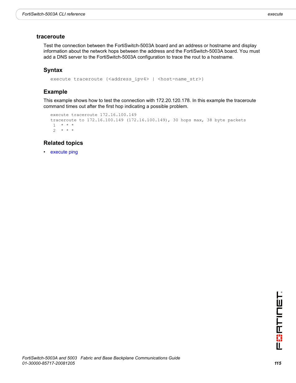 Traceroute, Syntax, Example | Related topics | Fortinet 5003 User Manual | Page 115 / 128