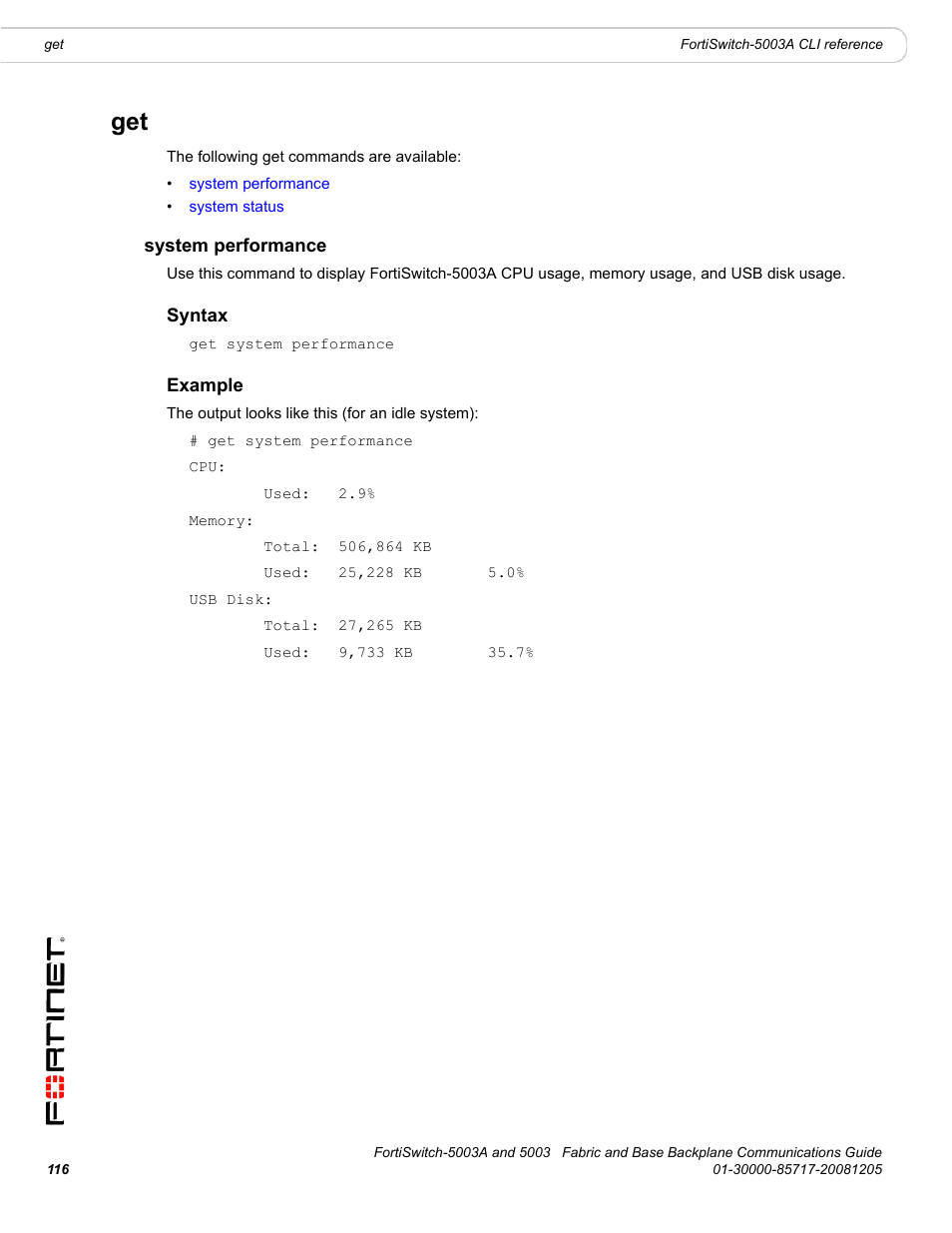 System performance, Syntax, Example | Fortinet 5003 User Manual | Page 116 / 128