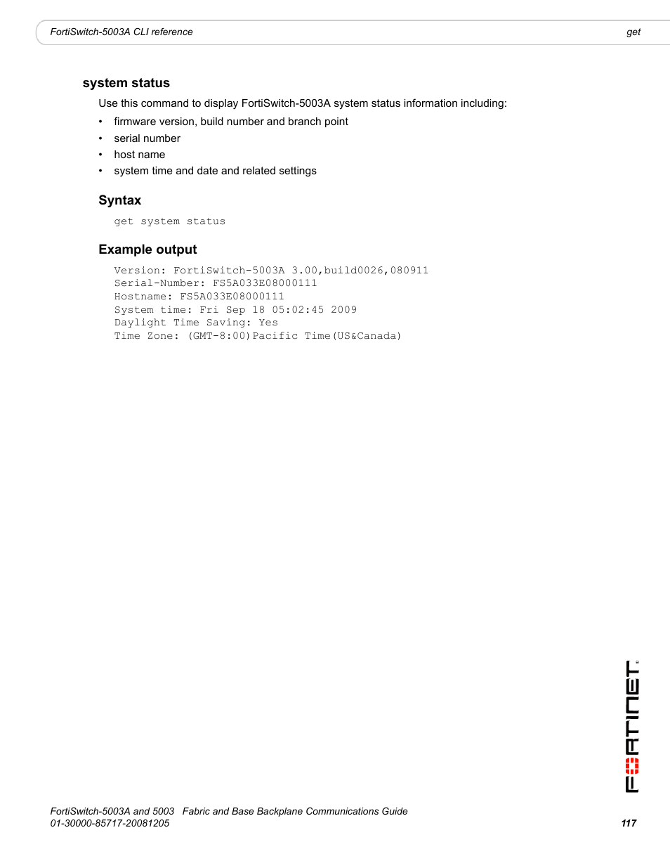 System status, Syntax, Example output | Fortinet 5003 User Manual | Page 117 / 128