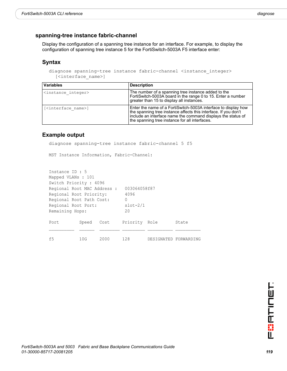 Spanning-tree instance fabric-channel, Syntax, Example output | Fortinet 5003 User Manual | Page 119 / 128