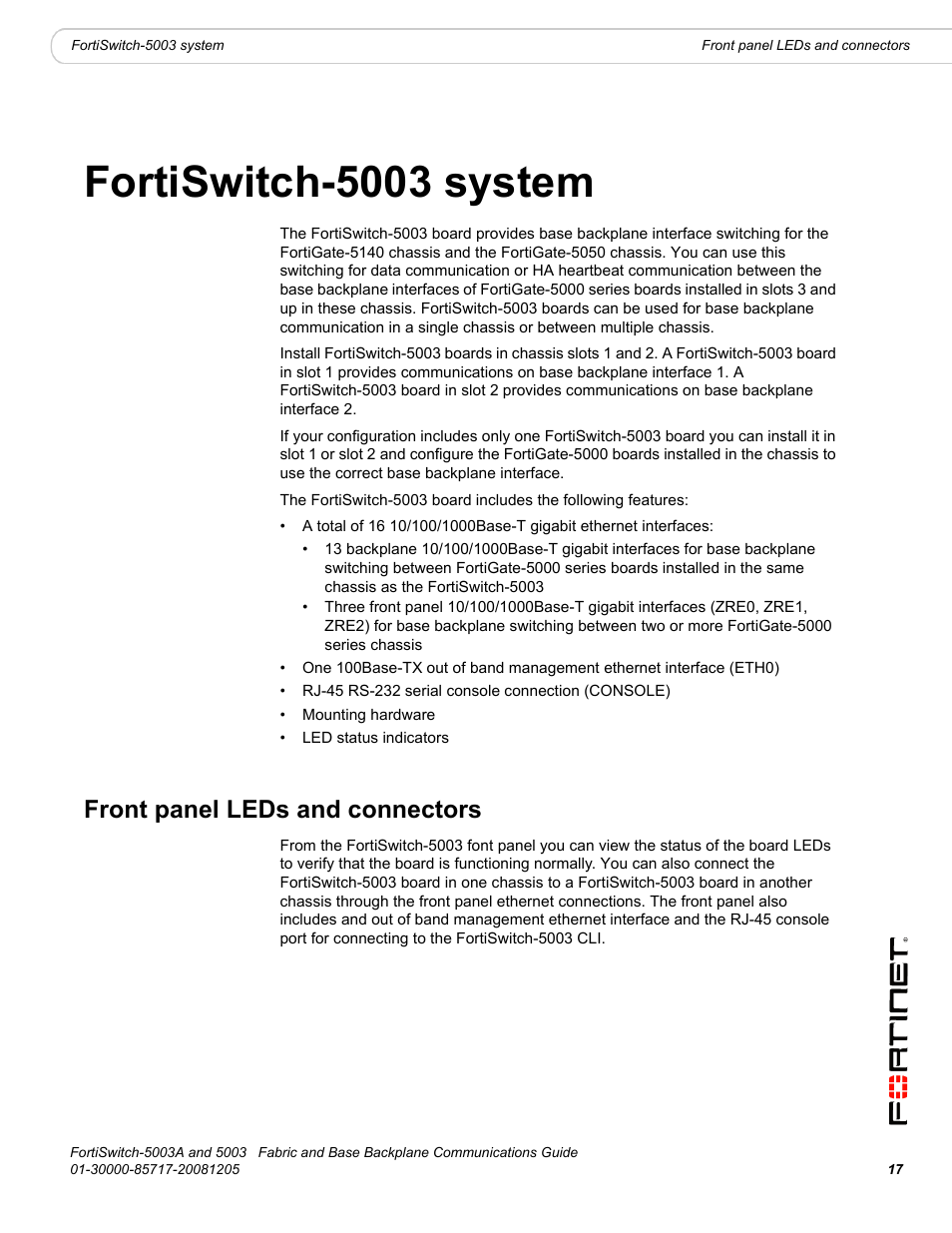 Fortiswitch-5003 system, Front panel leds and connectors | Fortinet 5003 User Manual | Page 17 / 128