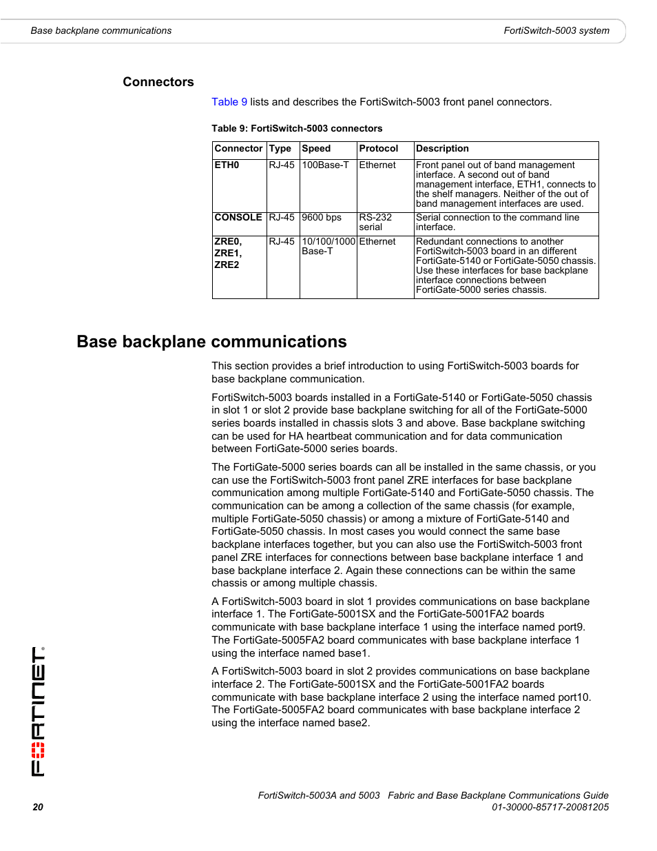 Connectors, Base backplane communications | Fortinet 5003 User Manual | Page 20 / 128