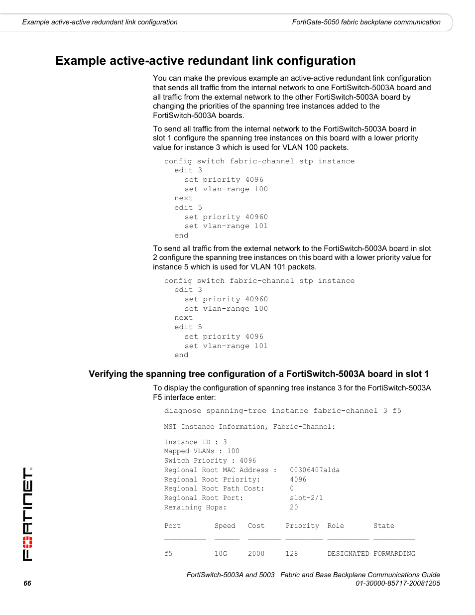 Example active-active redundant link configuration | Fortinet 5003 User Manual | Page 66 / 128