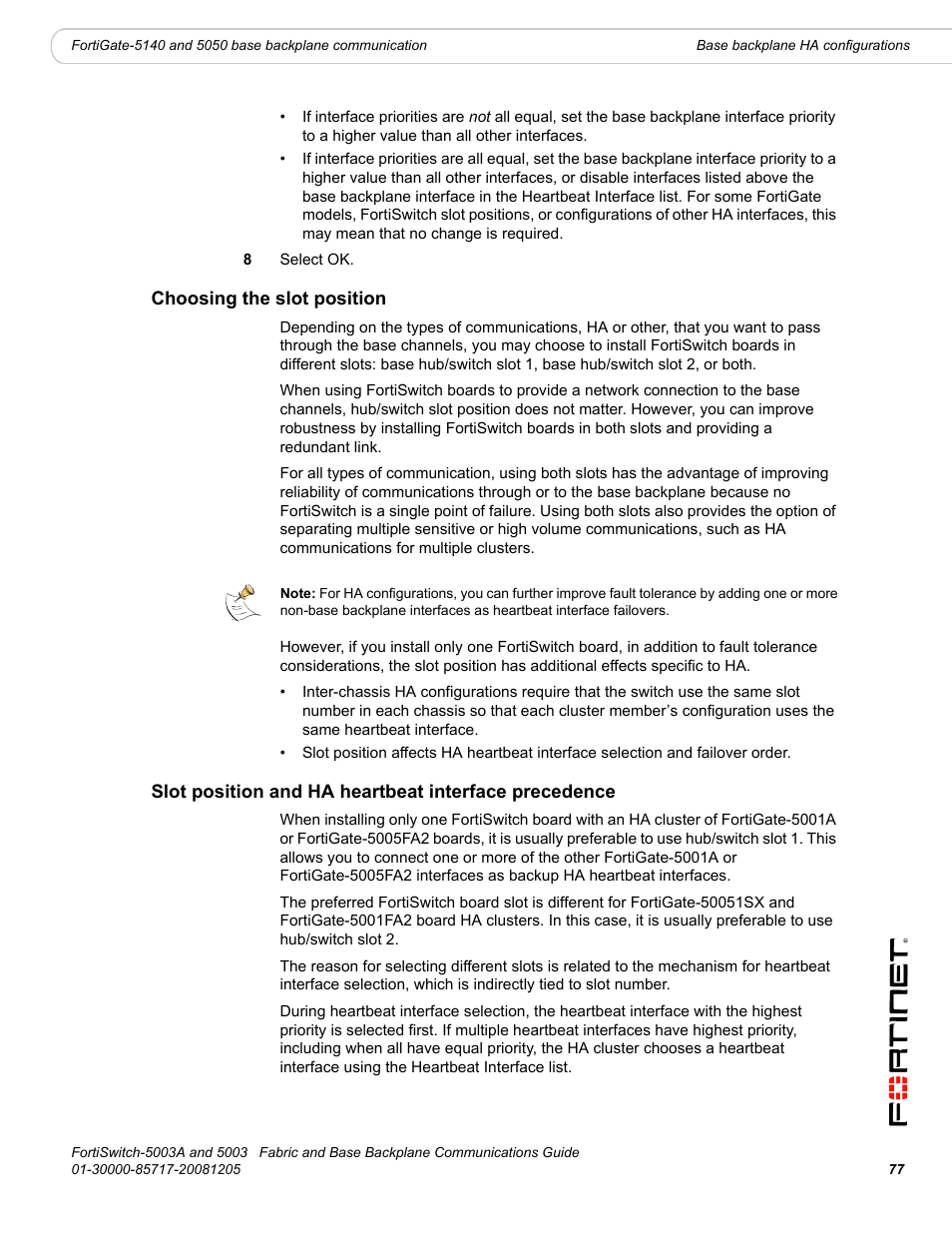 Choosing the slot position, Slot position and ha heartbeat, Slot position and ha | Fortinet 5003 User Manual | Page 77 / 128