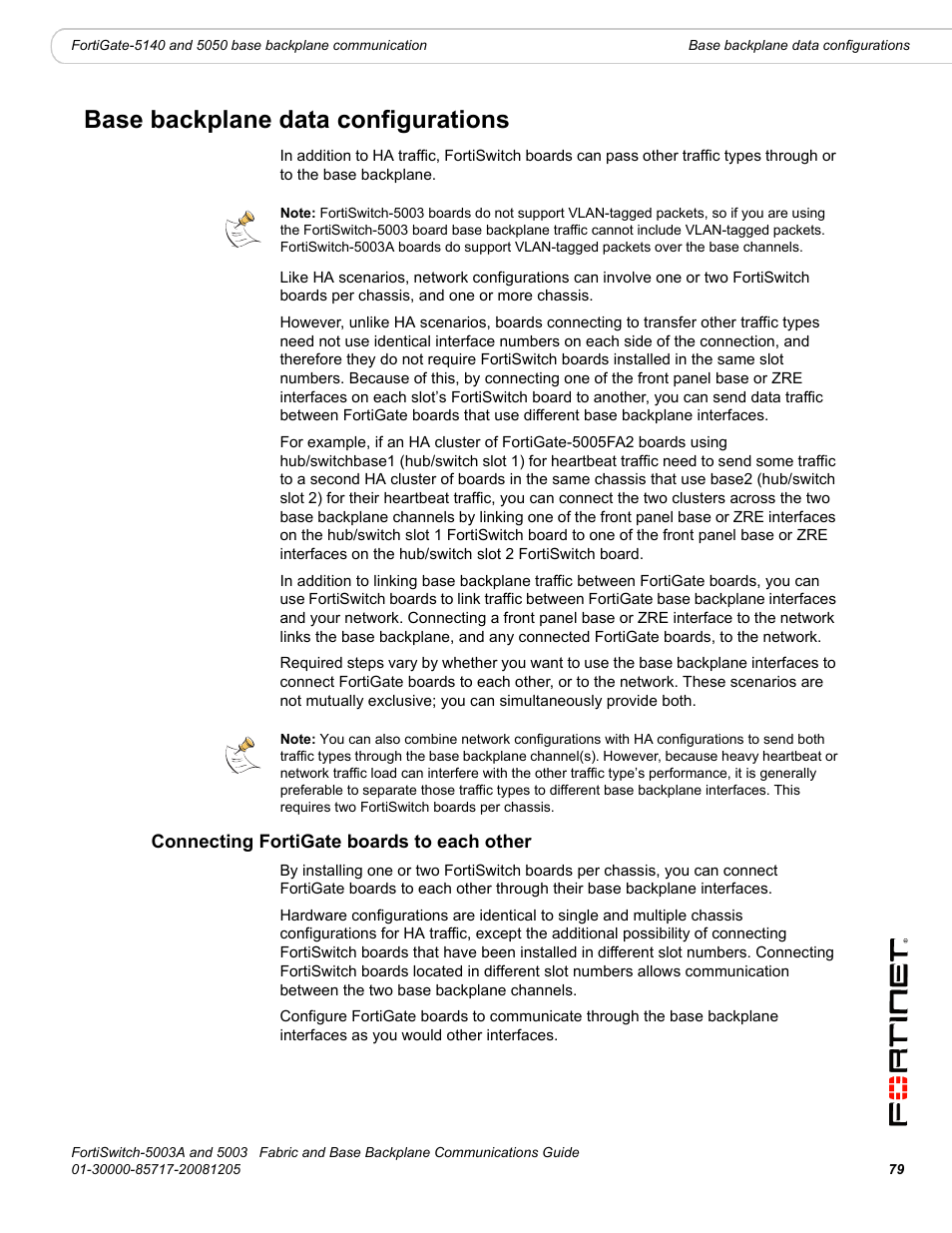 Base backplane data configurations, Connecting fortigate boards to each other | Fortinet 5003 User Manual | Page 79 / 128