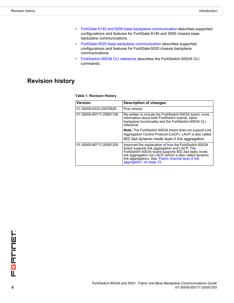 Revision history | Fortinet 5003 User Manual | Page 8 / 128