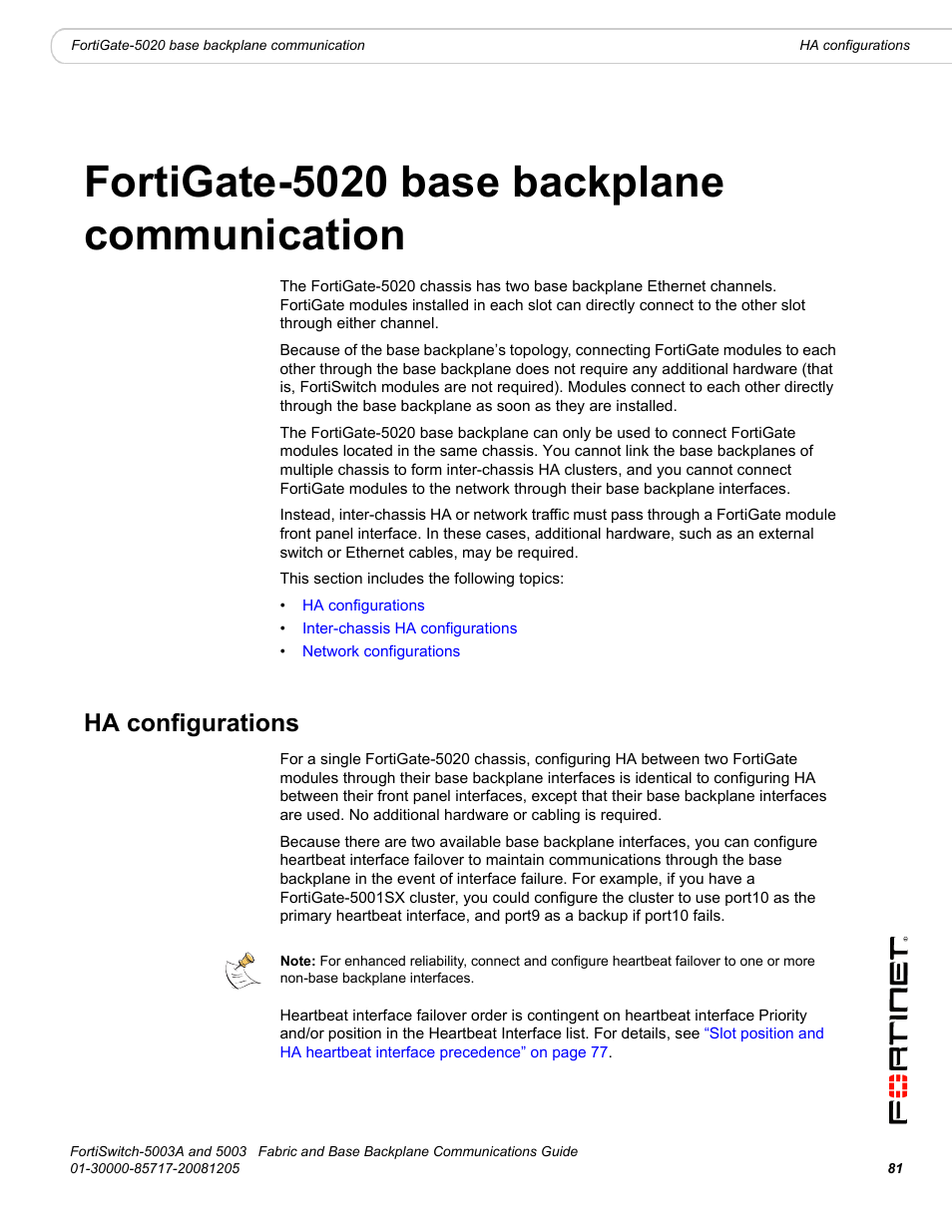 Fortigate-5020 base backplane communication, Ha configurations | Fortinet 5003 User Manual | Page 81 / 128