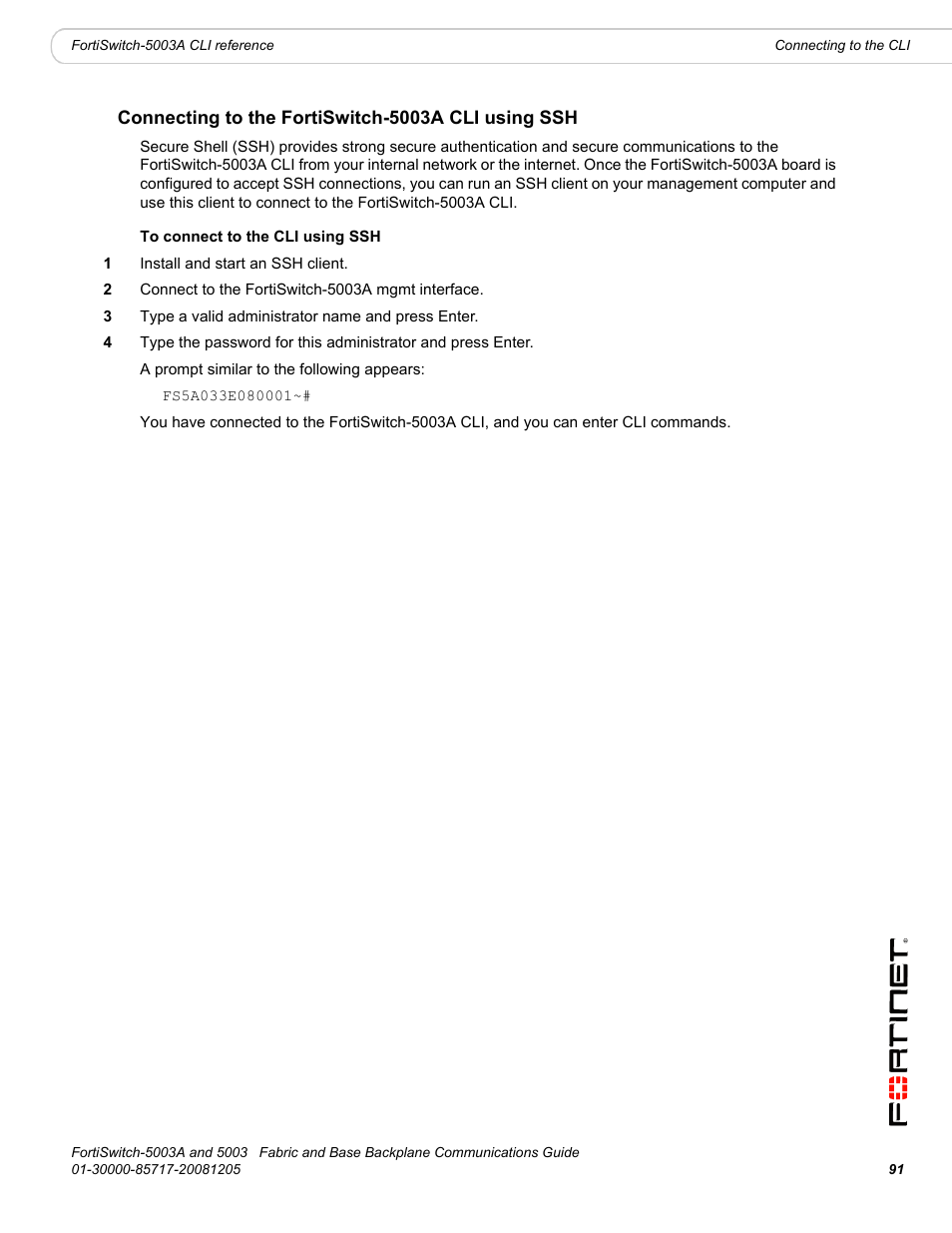 Connecting to the fortiswitch-5003a cli using ssh | Fortinet 5003 User Manual | Page 91 / 128