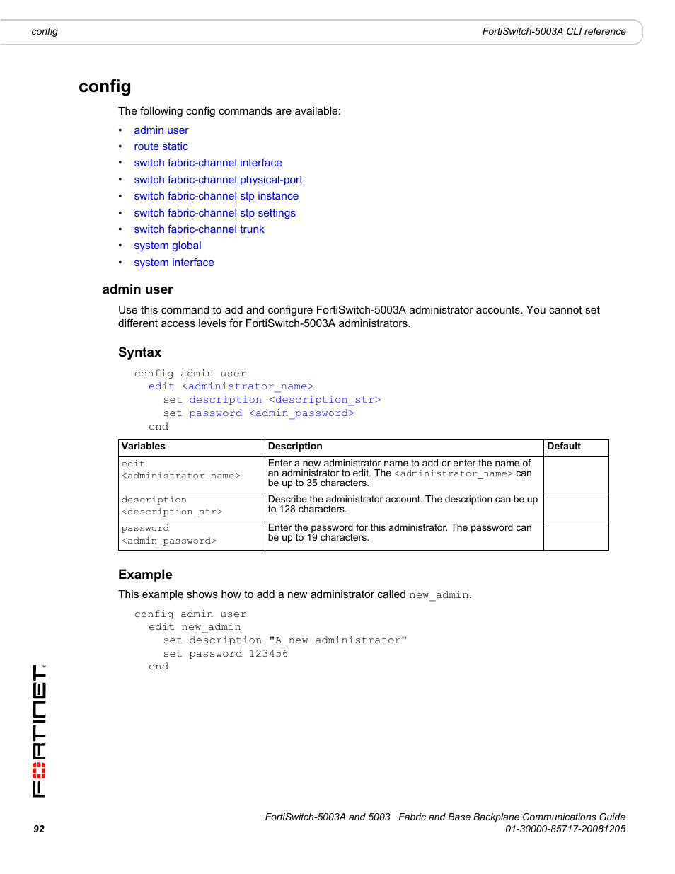 Config, Admin user, Syntax | Example | Fortinet 5003 User Manual | Page 92 / 128