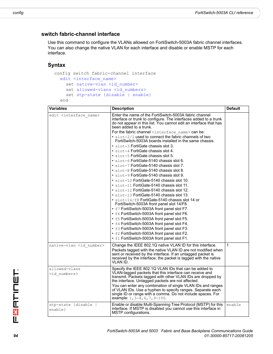 Switch fabric-channel interface, Syntax | Fortinet 5003 User Manual | Page 94 / 128