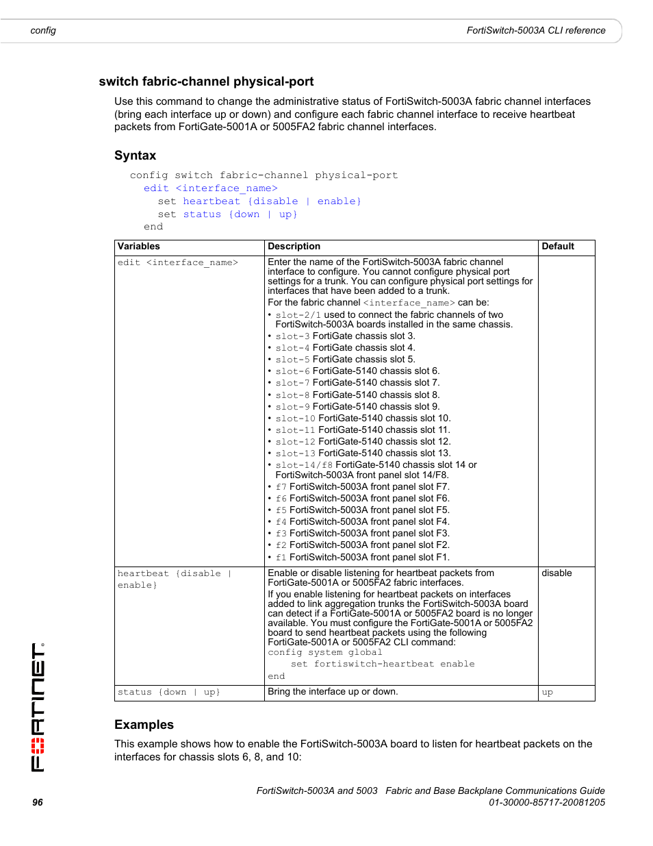 Switch fabric-channel physical-port, Syntax, Examples | Config switch fabric-channel physical-port | Fortinet 5003 User Manual | Page 96 / 128