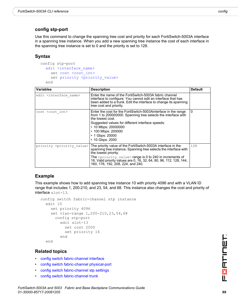 Config stp-port, Syntax, Example | Related topics, Comm, Edit <interface_name, Cost <cost_int, Priority <priority_value | Fortinet 5003 User Manual | Page 99 / 128