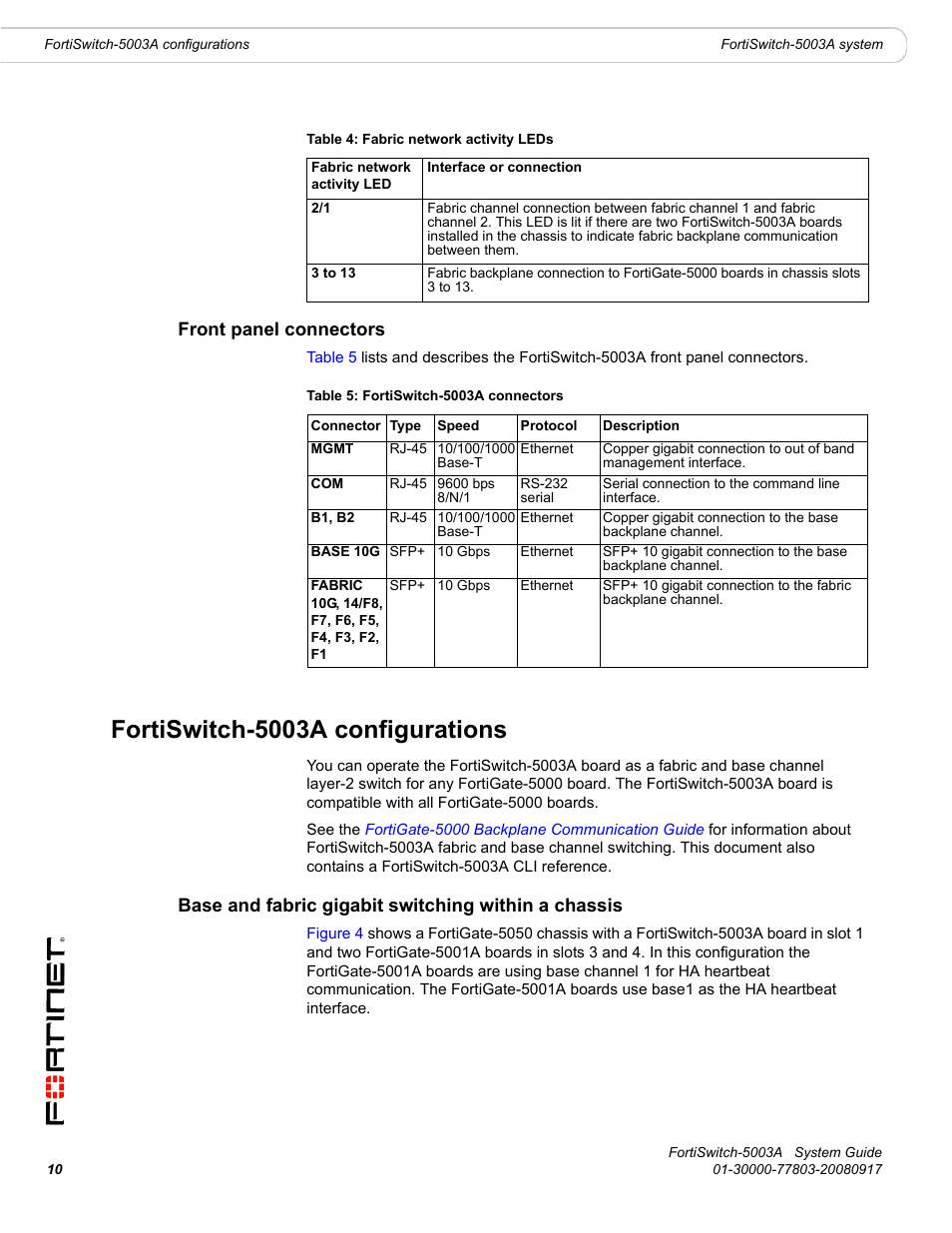 Front panel connectors, Fortiswitch-5003a configurations, Base and fabric gigabit switching within a chassis | List, D in, Table 4 | Fortinet 5003A User Manual | Page 10 / 26