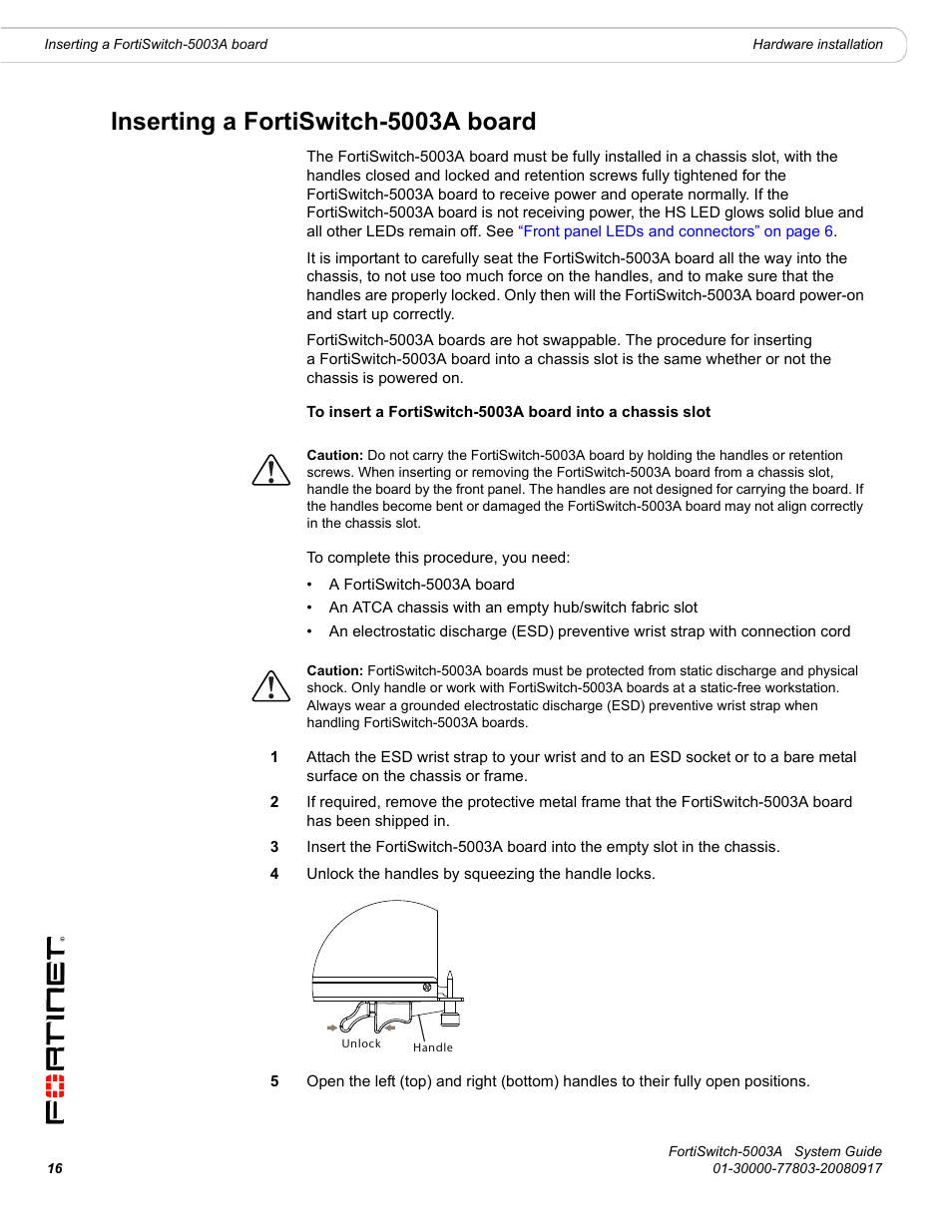 Inserting a fortiswitch-5003a board | Fortinet 5003A User Manual | Page 16 / 26