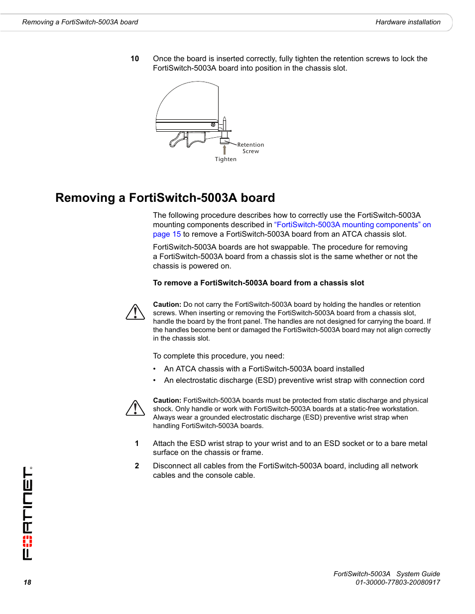 Removing a fortiswitch-5003a board | Fortinet 5003A User Manual | Page 18 / 26