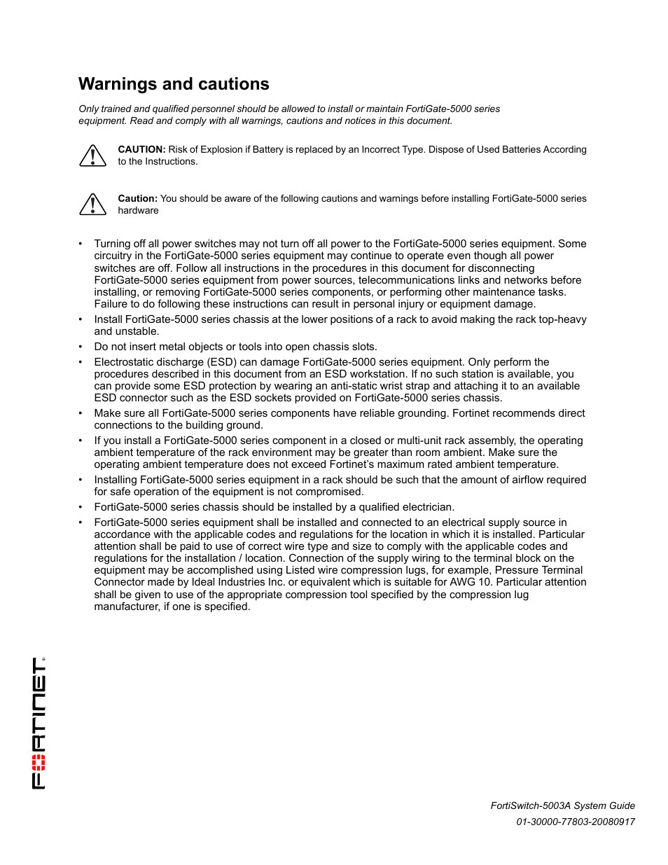Warnings and cautions | Fortinet 5003A User Manual | Page 2 / 26