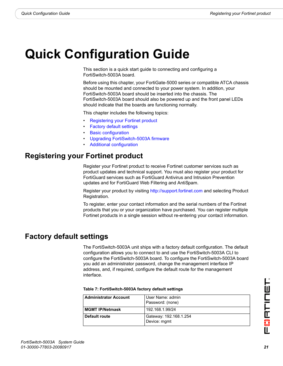 Quick configuration guide, Registering your fortinet product, Factory default settings | Fortinet 5003A User Manual | Page 21 / 26