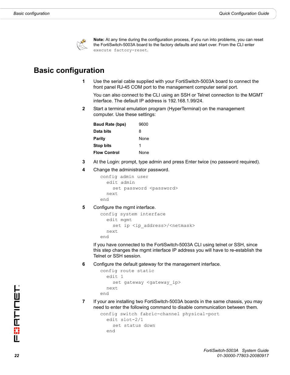 Basic configuration | Fortinet 5003A User Manual | Page 22 / 26