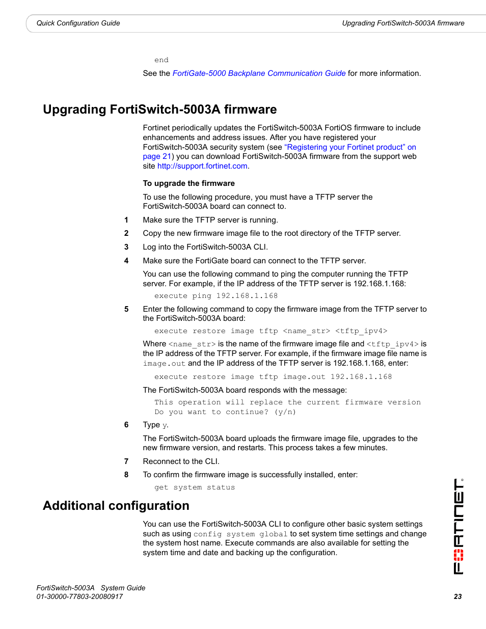 Upgrading fortiswitch-5003a firmware, Additional configuration | Fortinet 5003A User Manual | Page 23 / 26