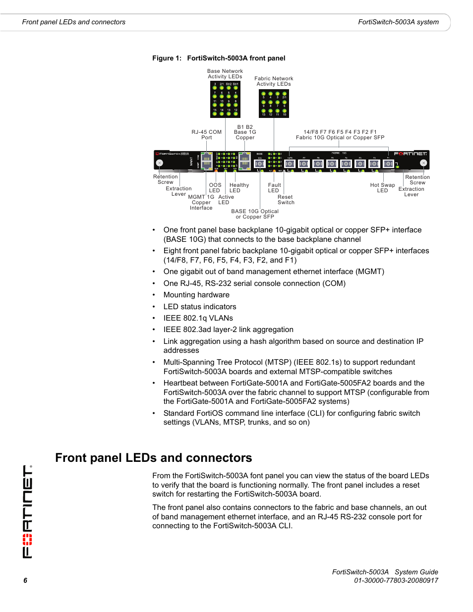 Front panel leds and connectors | Fortinet 5003A User Manual | Page 6 / 26