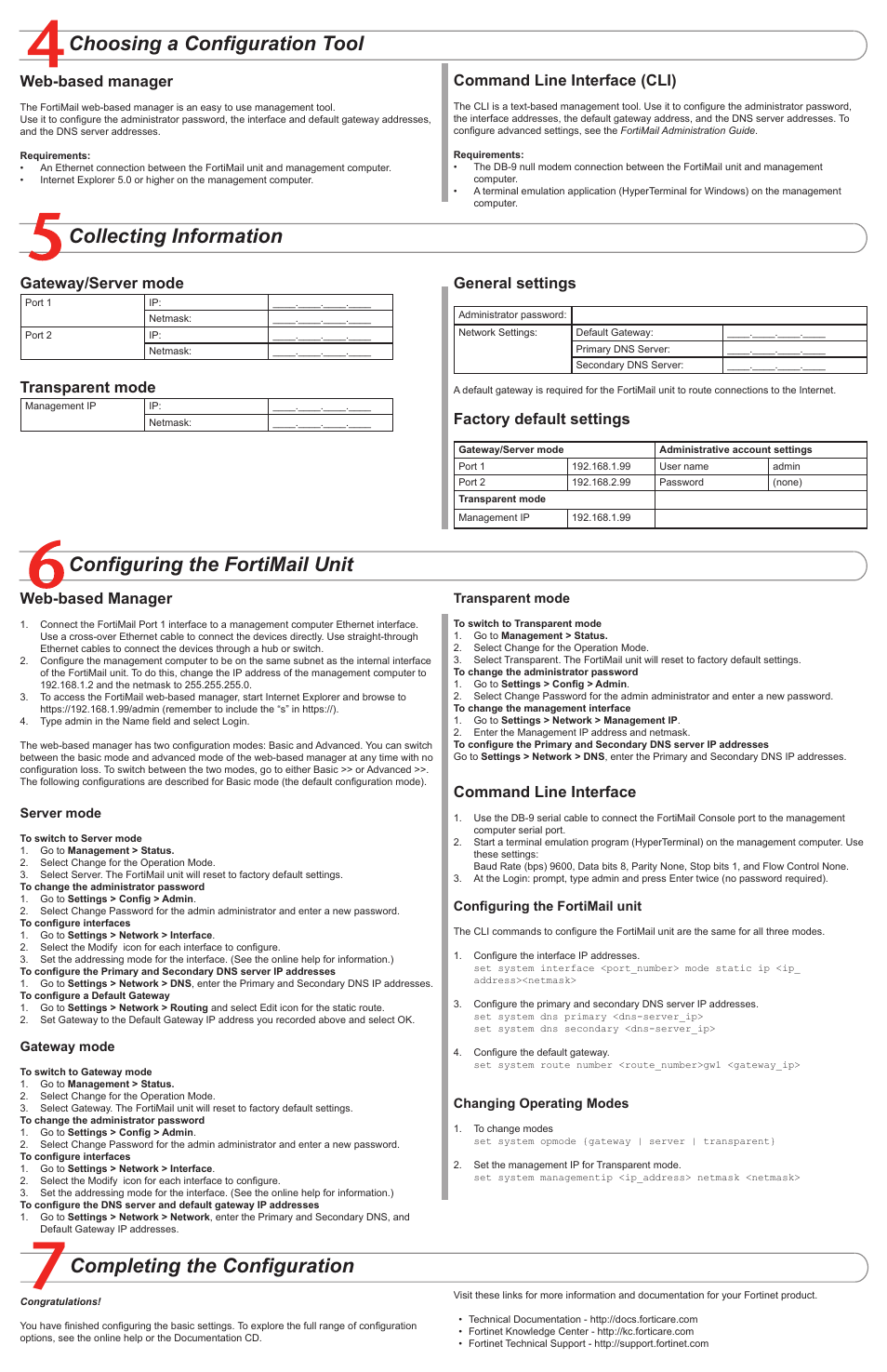 Completing the configuration, Collecting information, Gateway/server mode | Transparent mode, General settings, Factory default settings, Web-based manager, Command line interface (cli), Command line interface | Fortinet FORTIMAIL-5000 User Manual | Page 2 / 2