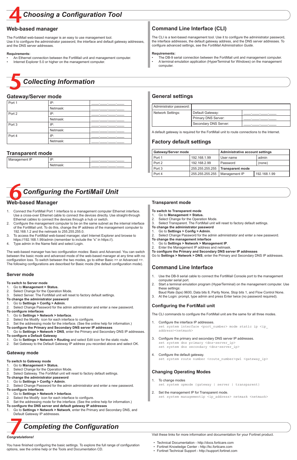 Completing the configuration, Collecting information, Gateway/server mode | Transparent mode, Web-based manager, Command line interface (cli), General settings, Factory default settings, Command line interface | Fortinet FortiMail-2000A User Manual | Page 2 / 2