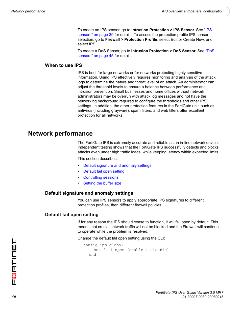 When to use ips, Network performance, Default signature and anomaly settings | Default fail open setting | Fortinet Network Device IPS User Manual | Page 10 / 62