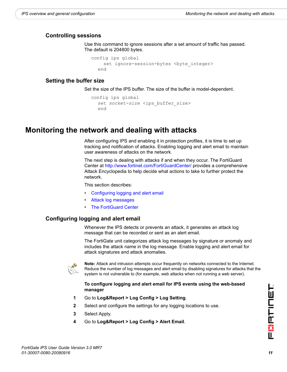 Controlling sessions, Setting the buffer size, Monitoring the network and dealing with attacks | Configuring logging and alert email, Controlling sessions setting the buffer size | Fortinet Network Device IPS User Manual | Page 11 / 62