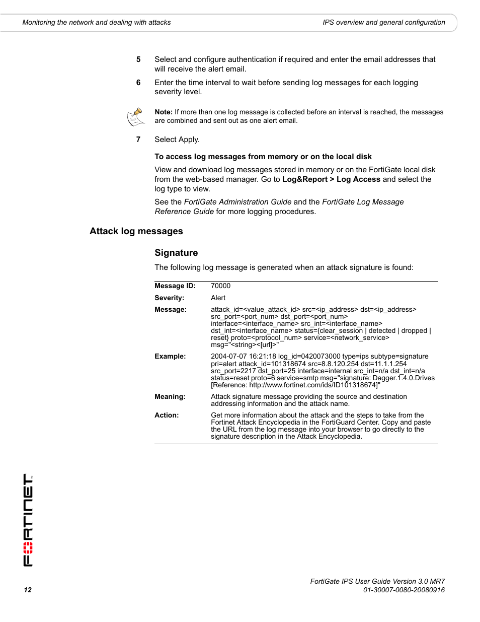 Attack log messages, Signature, Attack log messages signature | Fortinet Network Device IPS User Manual | Page 12 / 62