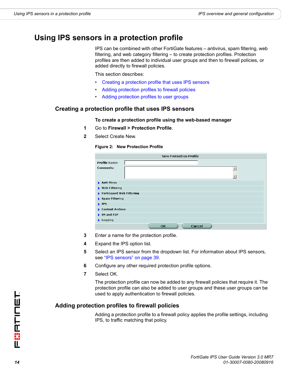 Using ips sensors in a protection profile, Adding protection profiles to firewall policies | Fortinet Network Device IPS User Manual | Page 14 / 62