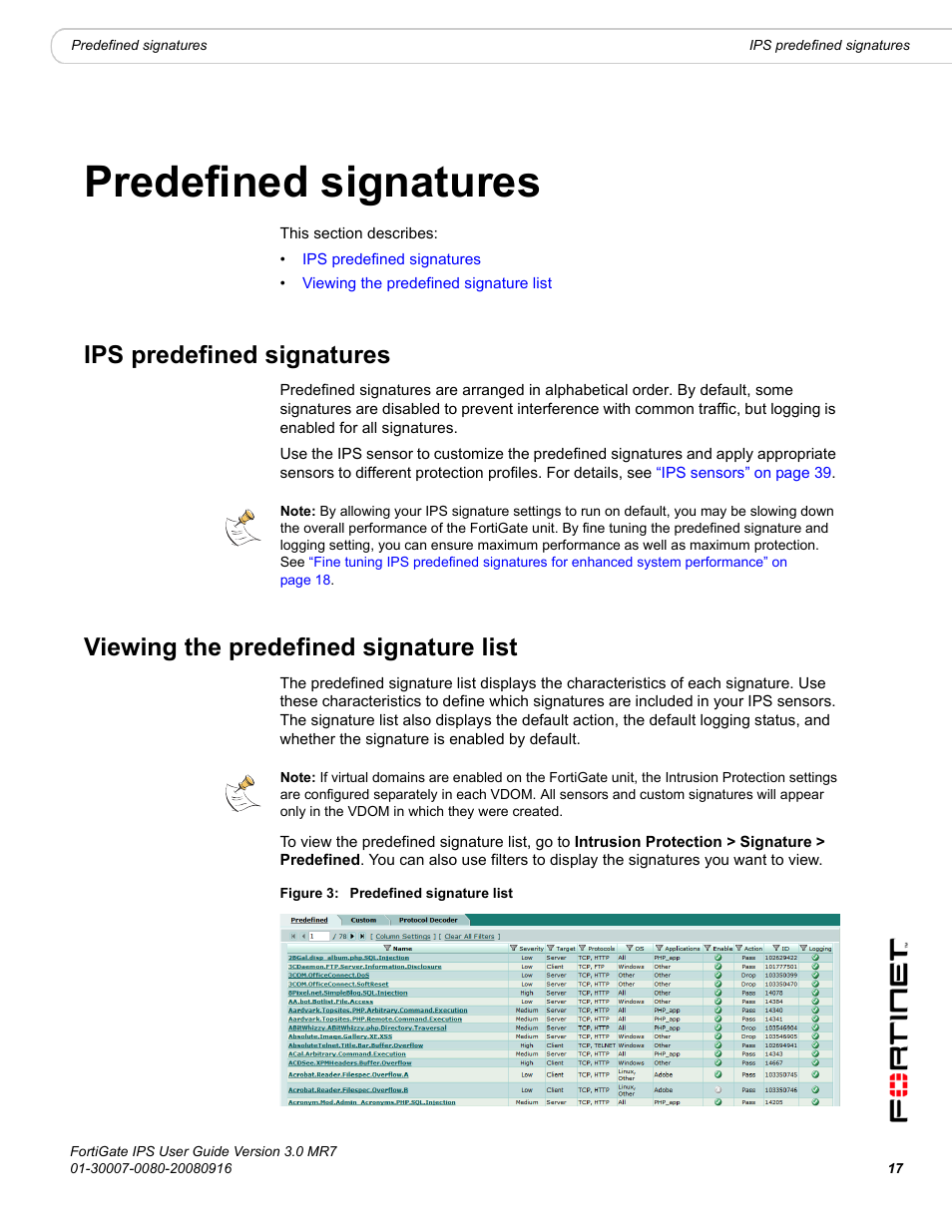 Predefined signatures, Ips predefined signatures, Viewing the predefined signature list | Fortinet Network Device IPS User Manual | Page 17 / 62