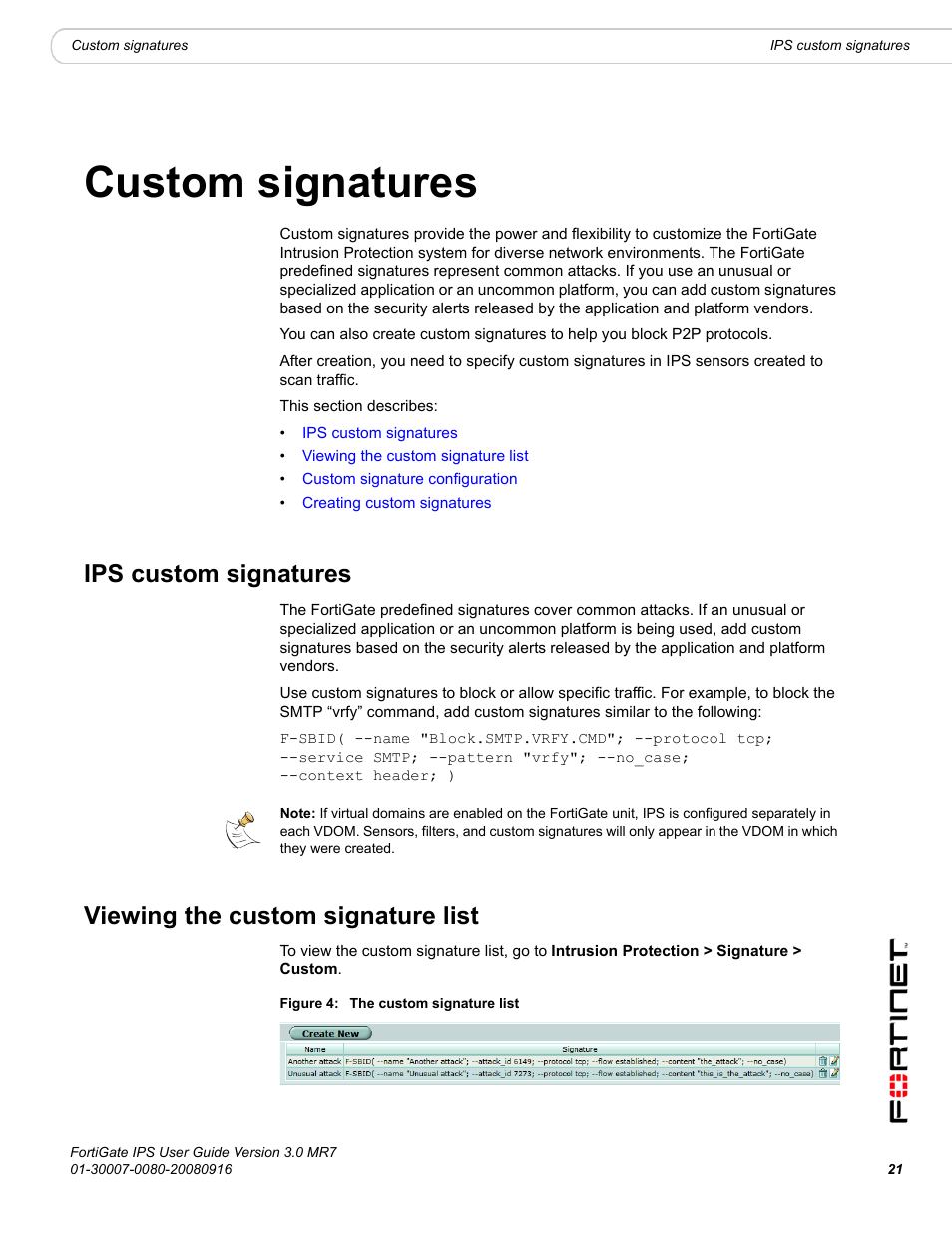 Custom signatures, Ips custom signatures, Viewing the custom signature list | Fortinet Network Device IPS User Manual | Page 21 / 62